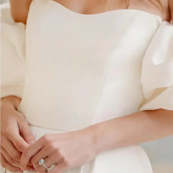 White Off-Shoulder Puff Sleeve Wedding Gown - Picture 2 of 13